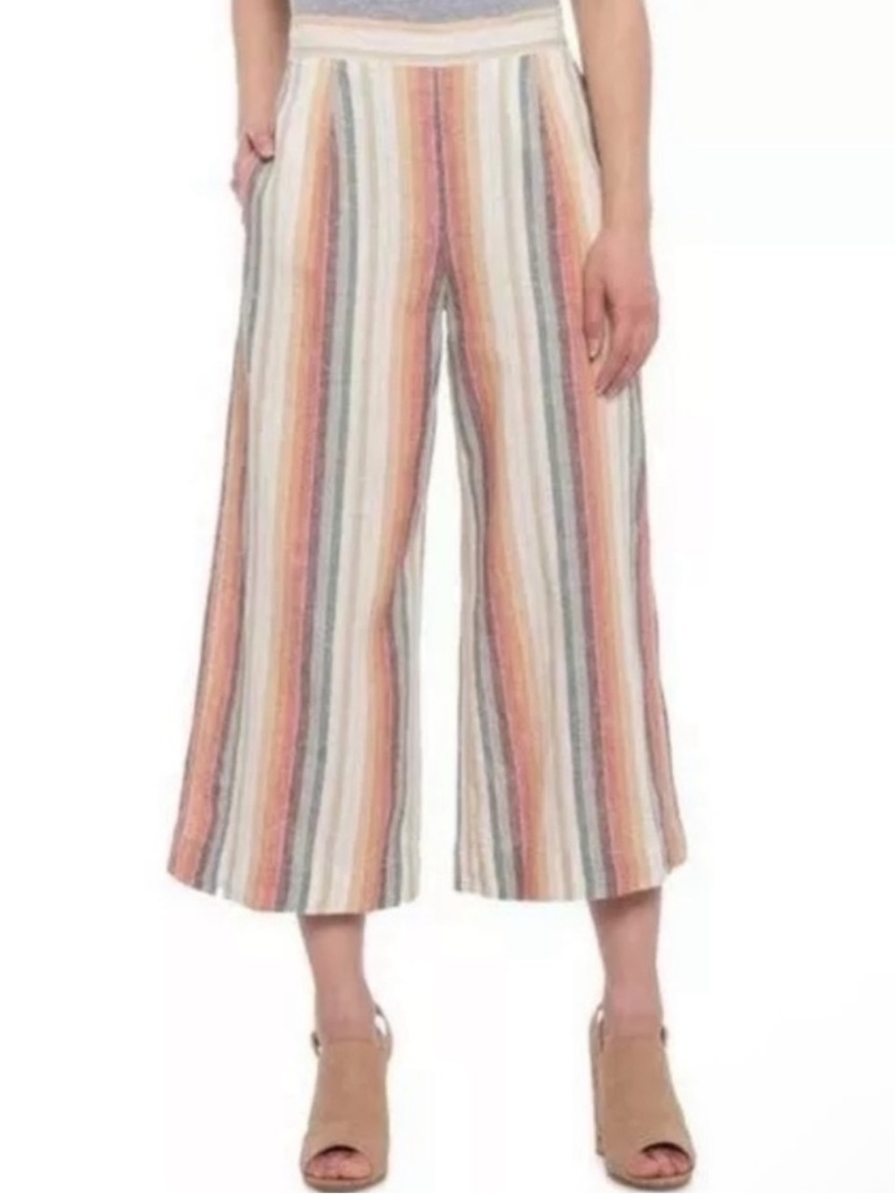 beachlunchlounge Linen Striped Wide Leg Cropped Pants Multicolor